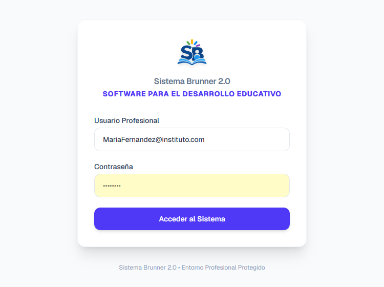 Pantalla de ingreso de Sistema Brunner 2.0 con los campos Usuario profesional y Contraseña y el botón Acceder al sistema.