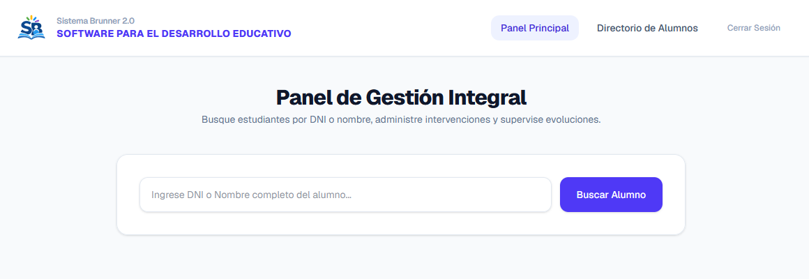 Panel de Gestión Integral con un buscador de alumnos por DNI o nombre completo.