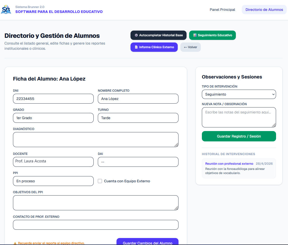 Ficha de la alumna ficticia Ana López con DNI, grado, turno, diagnóstico, docente, DAI y PPI, y a la derecha el panel de observaciones y sesiones.