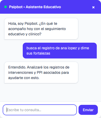 Ventana de chat de Psipbot, Asistente Educativo, respondiendo una consulta sobre el registro de una alumna.
